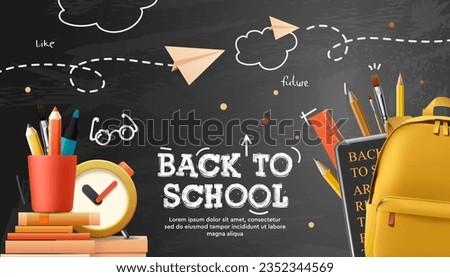 Back to school, banner. Backpack and stationery on black chalkboard, vector illustration