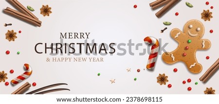 Christmas banner. Xmas design of realistic sweet edible objects, gingerbread man, red candy cane, star anise and cinnamon. Horizontal New Year poster, headers for website, vector illustration