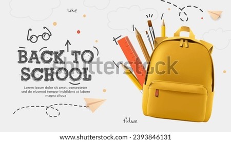 Back to school banner, poster. Yellow backpack, stationery, paper airplanes, doodle drawing, vector illustration