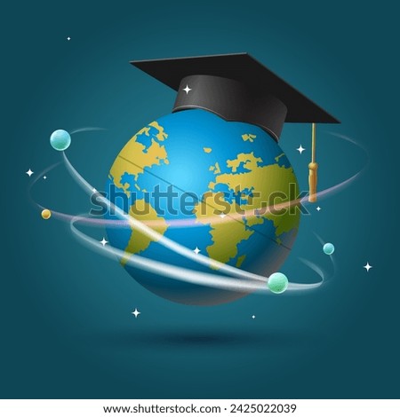 Graduation cap on planet Earth World globe. E-learning distance graduate concept. Internet education course degree, vector illustration