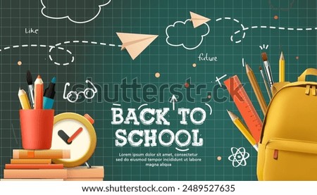 Back to school vector design. Back to school greeting text with backpack schoolbag, alarm clock, pencil and chalkboard educational elements. Vector illustration