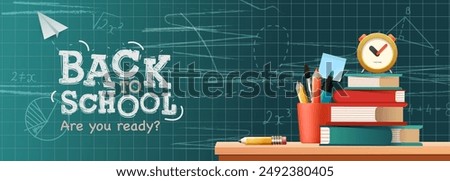 Back to school vector design. Welcome back to school greeting text with stack of books, pencil case, alarm clock, pencil and chalkboard with doodle educational elements. Vector illustration