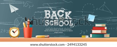 Horizontal poster or web banner with books, desk and school supplies, chalkboard background with chalk drawing elements and typography. Back to school, college, education concept, vector illustration