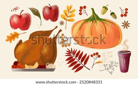 Thanksgiving Day set, with Thanksgiving turkey, pumpkin, berries, and fall foliage. Autumn collection perfect for social media and greeting cards, cute cartoon watercolor style, vector illustration