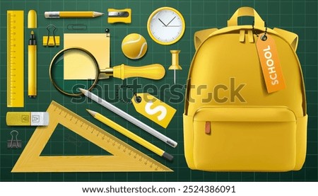 School supplies mockup set. Yellow backpack, tennis ball, eraser, clock, ruler, pen, pencils, paper clip, paper note, triangle ruler, magnifying glass. Vector illustration for study