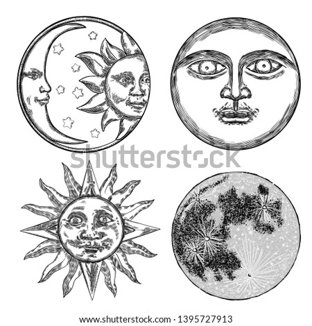 Style set of realistic full moon and human face like crescent, stipple hand drawing, anthropomorphic  vintage sun engraving with rays like a star. Astrology or astronomy planet design. Vector. 