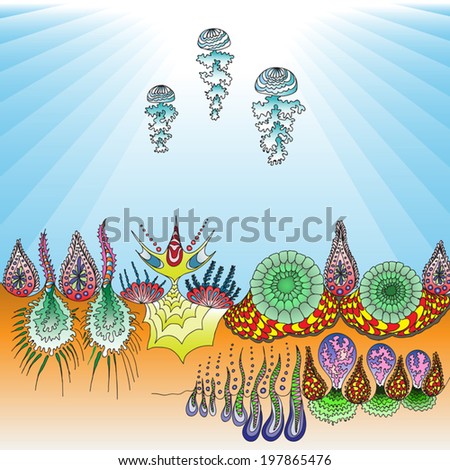Underwater landscape, ocean background with jellyfish, hand drawing, original imaginary, vector.