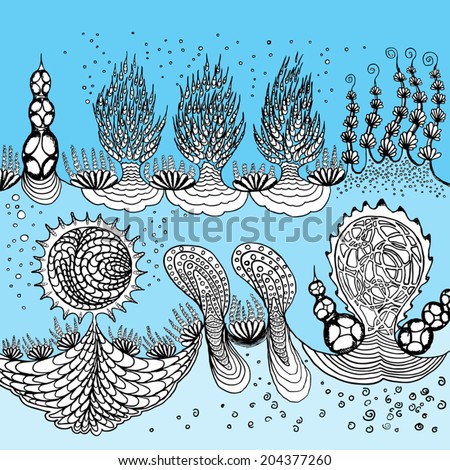 Underwater ocean bottom with bubbles, landscape with various water plants. Hand drawn doodle.