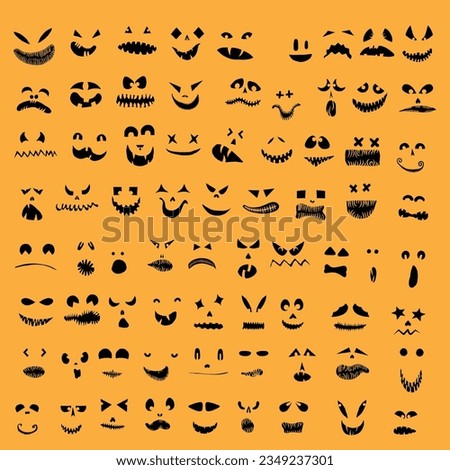 Monsters and creatures carving templates emotion face for Halloween Holidays. Cartoon faces, expressive eyes and mouth, smiling, crying face expressions. Caricature doodle. Isolated Vector.