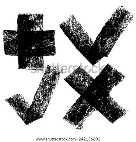Check marks and cross set, freehand artistic style, painterly hand drawn symbols, vector, isolated