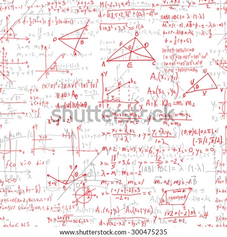 Seamless pattern with handwritten mathematical formulas, relationship, rulse expressed in symbols, operations such as addition, subtraction, multiplication, division, layered college lecture in notes.