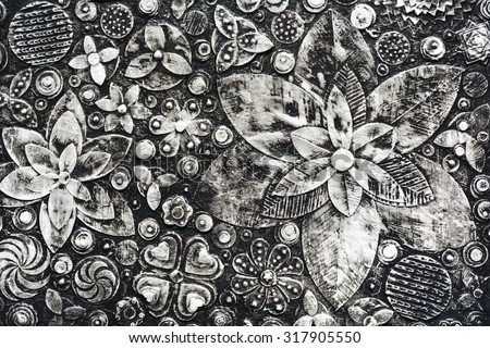 Flowers, abstract grunge surface, black and white composition made of paint layers, quelling with die cut and scissors, abstract background painting. 3d, three, dimensional embossing  and carving,
