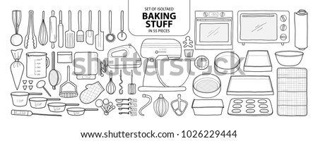 Set of isolated baking stuff in 55 pieces. Cute hand drawn kitchen tools vector illustration in black outline and white plane on white background.