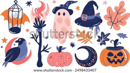 Set of isolated Halloween decoration elements in cute doodle hand-drawn graphic illustration style on transparent background, Volume 2: Pastel Pink, orange and blue color tone.