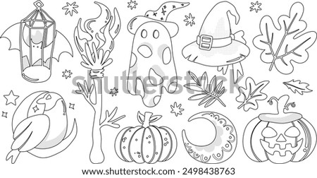 Set of isolated Halloween decoration elements in cute doodle hand-drawn graphic illustration style on transparent background, Volume 2: Black outline