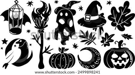 Set of isolated Halloween decoration elements in cute doodle hand-drawn graphic illustration style on transparent background, Volume 2: Black silhouette.