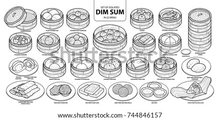 Set of isolated Chinese food, Dim Sum in 22 menu. Cute hand drawn food vector illustration in black outline and white plane on white background.