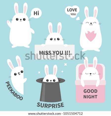 Bunny rabbit sticker emotion emoji icon set. Miss you. Hi. Good night, love you. Funny head face. Cute cartoon character. Magic hat. heart. Kawaii animal. Baby card. Flat design Blue background Vector