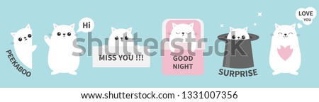 Cat kitten sticker emotion emoji icon set line. Miss you. Hi. Good night, love you. Funny head face. Cute cartoon character. Magic hat Heart Kawaii animal Baby card Flat design. Blue background Vector