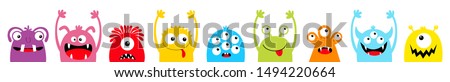 Happy Halloween. Monster colorful silhouette head face icon set line. Eyes, tongue, tooth fang, hands up. Cute cartoon kawaii scary funny baby character. White background. Flat design. Vector