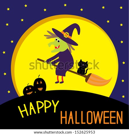 flying cartoon witch and cat big moon happy halloween card vector illustration - Happy Halloween Cartoon Pics flying cartoon witch and cat big moon happy halloween card vector illustration - Happy Halloween Cartoon Pics