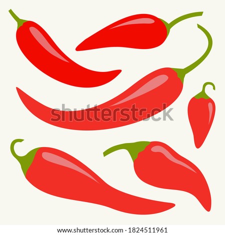 Chili hot pepper icon set. Red chilli cayenne peppers. Flat design. White background. Isolated. Vector illustration