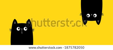 Cat set line. Two black kitten face silhouette. Hanging upside down. Funny Cute kawaii cartoon baby character. Notebook sticker print template. Happy Halloween. Flat design. Yellow background. Vector