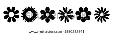 Daisy Camomile. Six chamomile silhouette shape icon line set. Cute round flower plant nature collection. Love symbol. Growing concept. Decoration element. Flat design. White background. Vector