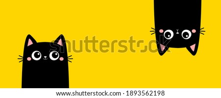 Two black kitten face head. Cat set line banner. Hanging upside down. Funny Cute kawaii cartoon baby character. Notebook sticker print template. Happy Halloween. Flat design. Yellow background. Vector