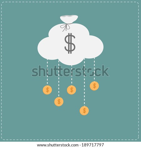 Cloud in shape of bag and hanging coins with dollar sign. Business concept. Vector illustration.