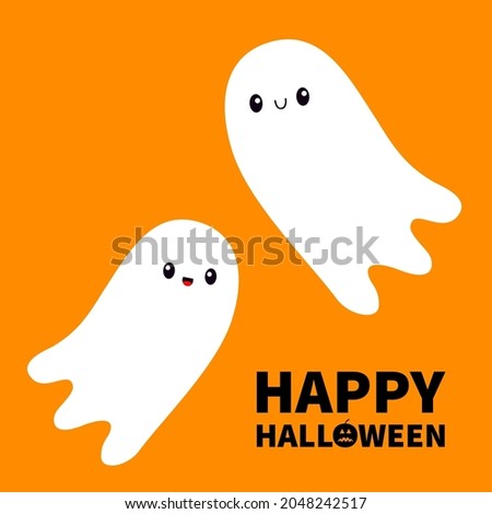 Happy Halloween. Two flying ghost spirit set. Scary white ghosts family. Cute cartoon spooky character. Smiling face. Greeting card. Orange background. Isolated. Flat design. Vector illustration
