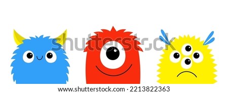 Happy Halloween. Cute monster set line. Kawaii cartoon funny baby character. Colorful silhouette. Sticker print. Eyes, horn, teeth fang tongue, wings. Flat design. White background Vector illustration