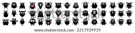 Monster super big icon set. Happy Halloween. Cute cartoon kawaii baby character. Funny head face black silhouette. Eyes teeth horn fang tongue. Hands up, down. Flat design. White background. Vector