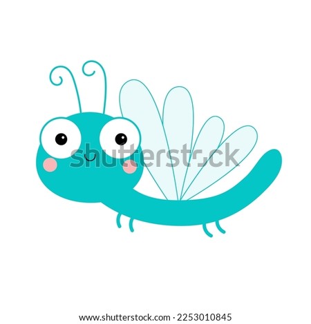 Dragonfly icon. Cute cartoon kawaii funny baby character. Blue wings dragon fly Insect collection. Smiling face, horns. Kids clip art. White background. Isolated. Flat design. Vector illustration