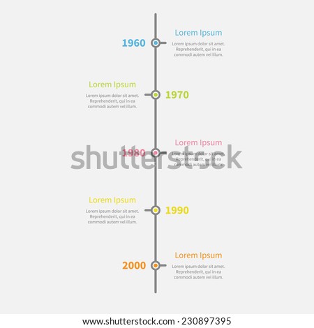 Timeline vertical Infographic with color text. Template. Flat design style. Vector illustration