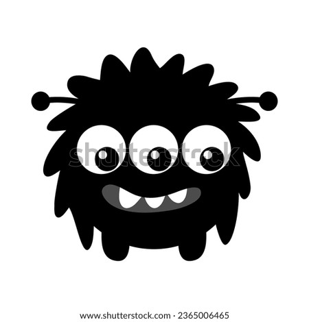 Monster. Happy Halloween. Cute head face with three eyes, fangs. Black silhouette monsters. Cartoon kawaii funny boo character. Baby collection. T-shirt design. White background. Flat design. Vector