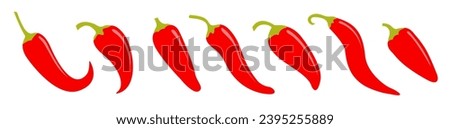 Chili hot pepper icon set. Fresh red chili cayenne peppers. Hot food spices. Line banner. Flat design. White background. Isolated. Vector illustration