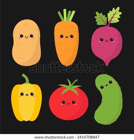 Vegetable icon set. Cute cartoon kawaii character with smiling face, eyes. Carrot root, beet, potato pepper tomato, cucumber. Kids education. Vegetables collection. Flat design Black background Vector