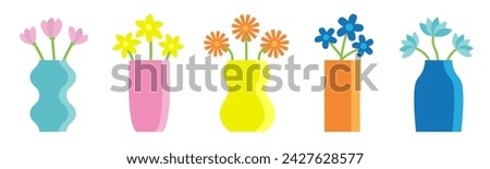 Flower in vase set line. Different flowers. Glass vases. Cute colorful icon collection. Daisy, tulip, gerbera, narcissus. Ceramic Pottery Glass decoration. White background. Flat design. Vector