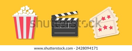 Open clapper board. Popcorn box package. Ticket Admit one. Three star. Cinema movie icon set. Line banner. Flat design style. Sticker print template. Yellow background. Vector illustration