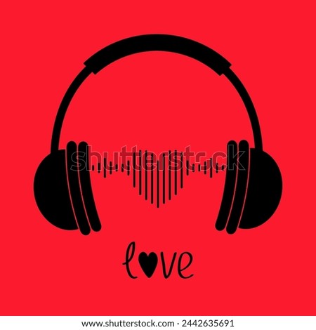 Headphones earphones. Word Love. Black silhouette. Headphone icon. Black music sound wave heart. Greeting card. Flat design. Red background. Isolated. Vector illustration