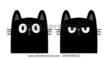 Cute cat set. Sad angry surprised face head. Black kitten with big eyes. Funny kawaii pet animal icon. Cartoon funny baby character. Pink ears, nose, cheek. Flat design. White background. Vector