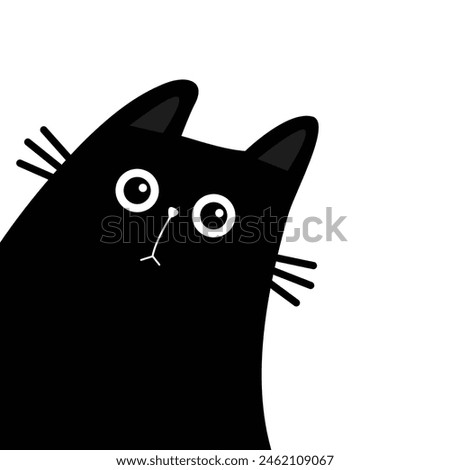 Cat head peeking out from around the corner. Black kitten surprised face. Cute kawaii baby pet animal. Cartoon character. Sticker, tshirt, greeting card print. Flat design. White background. Vector