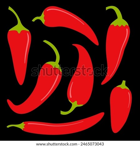 Fresh red chili cayenne peppers. Hot chili pepper icon set. Hot food spices. Healthy lifestyle. Sticker print template. Simple sign symbol. Flat design. Black background. Isolated. Vector illustration