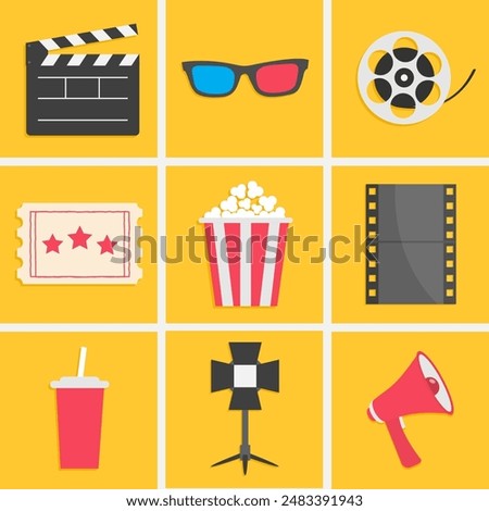 Cinema icon set. Popcorn box Movie reel Open clapper board Ticket Admit one three stars. Soda glass straw, film strip, 3d glass, light projector, loud speaker. Yellow background. Flat design. Vector