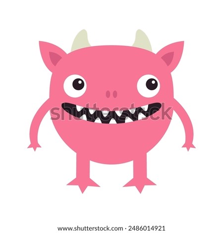 Cute pink monster standing. Happy Halloween. Monsters silhouette icon. Eyes, smiling face, horns hands. Cartoon kawaii funny character. Childish style. Flat design. Isolated. White background. Vector