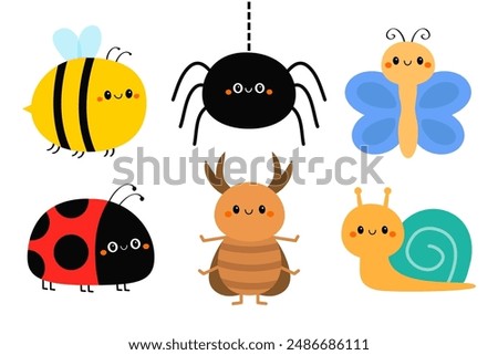 Flying insect icon set. Butterfly, bee bumblebee, lady bug ladybird, beetle, spider web, snail cochlea. Cute cartoon kawaii funny baby character. Valentines Day. Flat design. White background. Vector