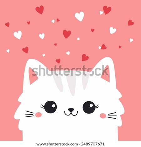 White cat face head. Fluffy kitten. Red white hearts. Happy Valentines Day. Cute cartoon funny kitty character. Kawaii animal in love. Greeting card . Flat design. Pink background. Vector illustration