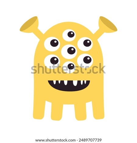 Cute yellow monster standing. Happy Halloween. Monsters silhouette icon. Many eyes, smiling face, horns. Cartoon kawaii funny character. Childish style. Flat design. Isolated. White background. Vector