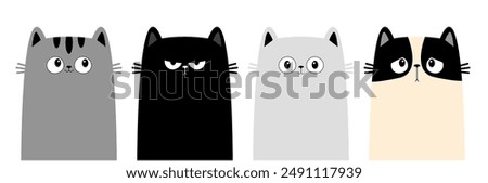 Black, gray, white kitten icon. Cat set line. Funny face head. Cute cartoon character. Kawaii animal. Different emotion. Sad happy angry. Love card banner. Flat design Isolated White background Vector